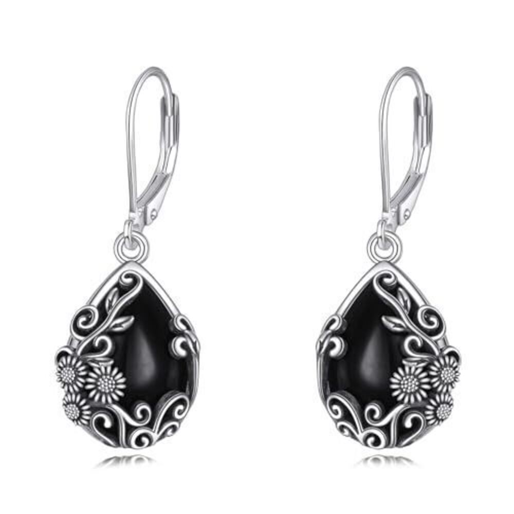 7276 Black Obsidian Sunflower Dangle Drop Earrings 925 Sterling Silver